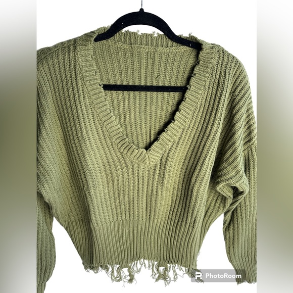 Women Raw Hem V-Neck Green Sweater Long Sleeve Ribbed Knit Pullover Jumper Top S - Picture 3 of 10